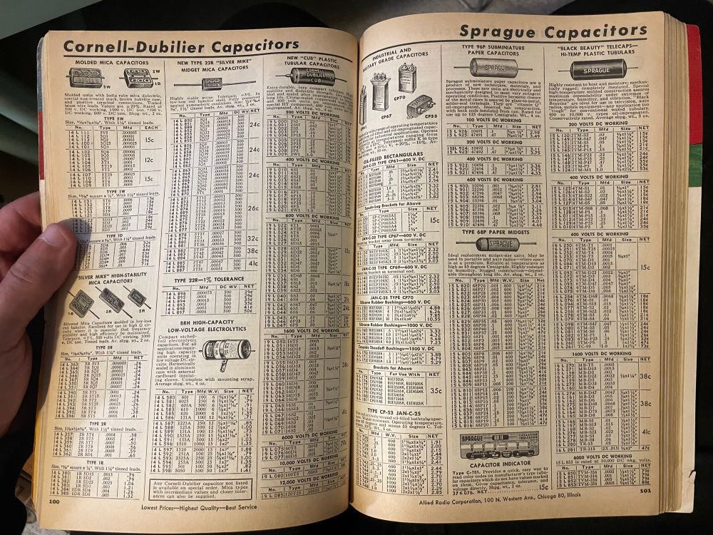 two page spread of cornell-dublier and sprague capacitors