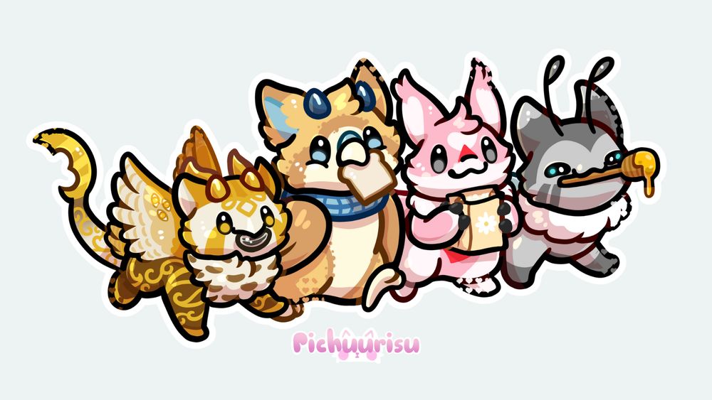 Artwork of four characters each holding a food. The four are all facing the same direction in a walking pose.