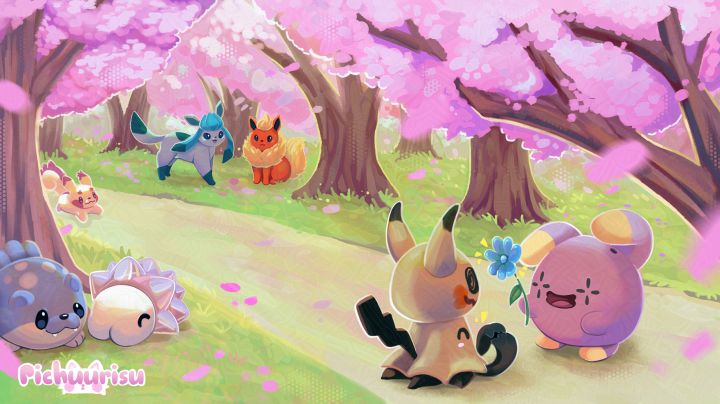 A painting of several pokemon: Spheal, Snom, Pachirisu, Glaceon, Flareon. There is also a whismur handing a flower to a mimikyu on the right most. The background is a park with cherryblossom.