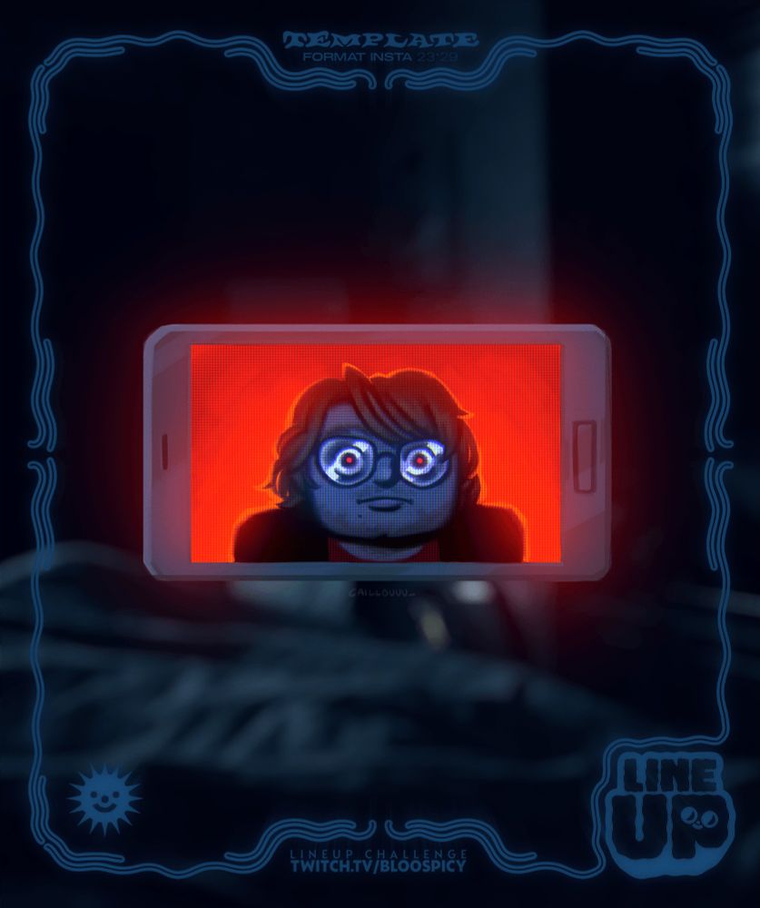 A drawing of Feldup looking through your soul in a smartphone screen. Background is a bedroom at night.