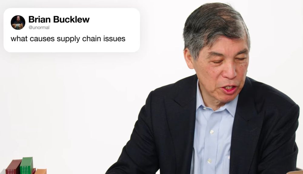 a professor teaching on trade references a post from @unormal that asks "what causes supply chain issues"