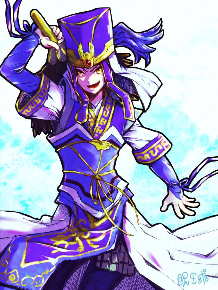 4司馬懿が右手の羽扇を振り上げて、得意げな表情で殴りかかってきてる感じの絵。