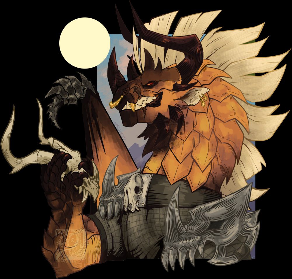 bust drawing of Burn from Wings of fire grinning as she holds the skull of another dragon in her claws. 