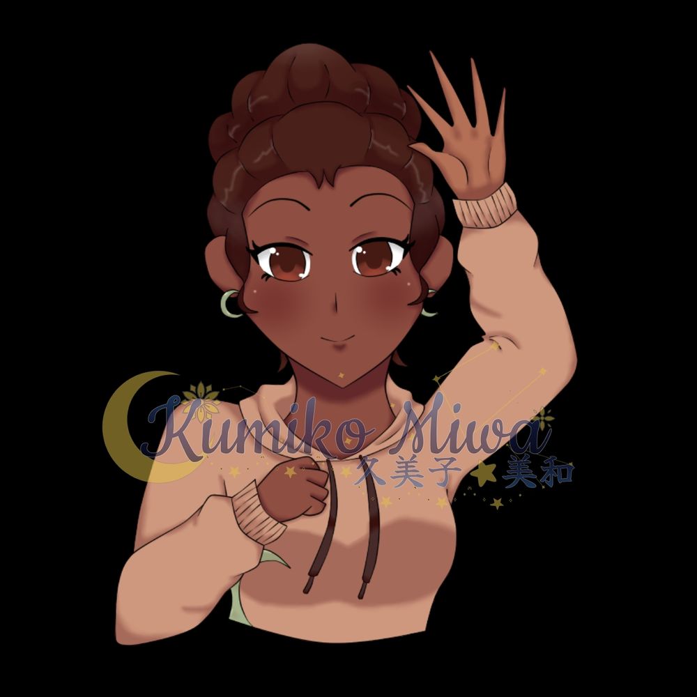 Bust art of Vtuber Luna Orion's previous design.
African American/POC female bust with poofy hair up in a bun and wearing green moon earrings and a tan hoodie dress with a moon accent on the side.