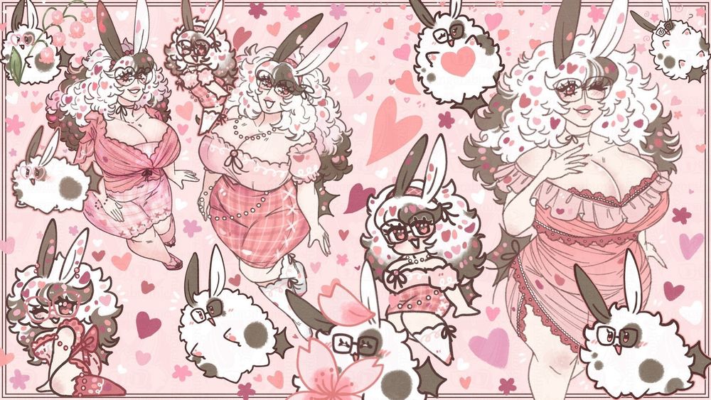 TheAngorabunnie's mascot ' Bunnie ' scattered into a makeshift pink collage from various art pieces, both in her humanoid and full rabbit form: She is a fairy being that is as small as a lemon in both forms and cute to boot in each of the forms.