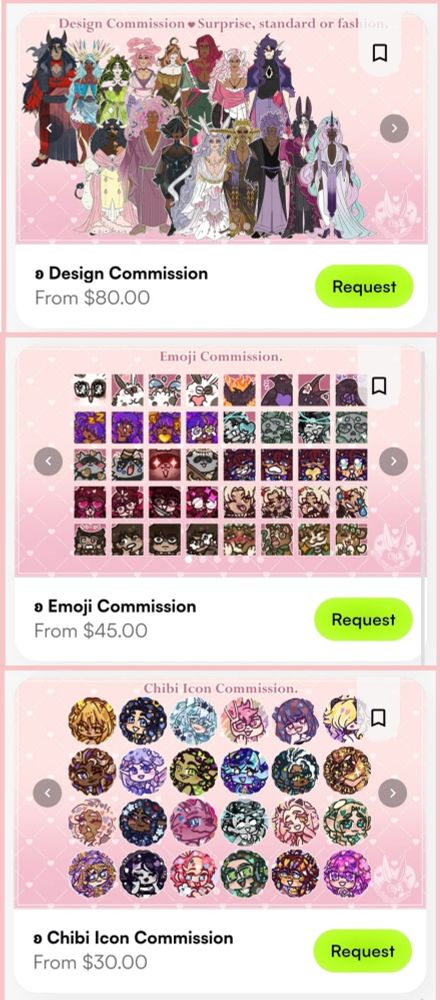 A screenshot of TheAngorabunnie's commission list to show off what she offers:

Design commissions go for 80 USD $
Chibi Icon commissions go for 30 USD $
Design commissions go for 45 USD $

TheAngorabunnie is holding commissions since her mother had a heart failure not too long ago; She wants to provide for her family with what she can, which includes not only her mother but also younger siblings.