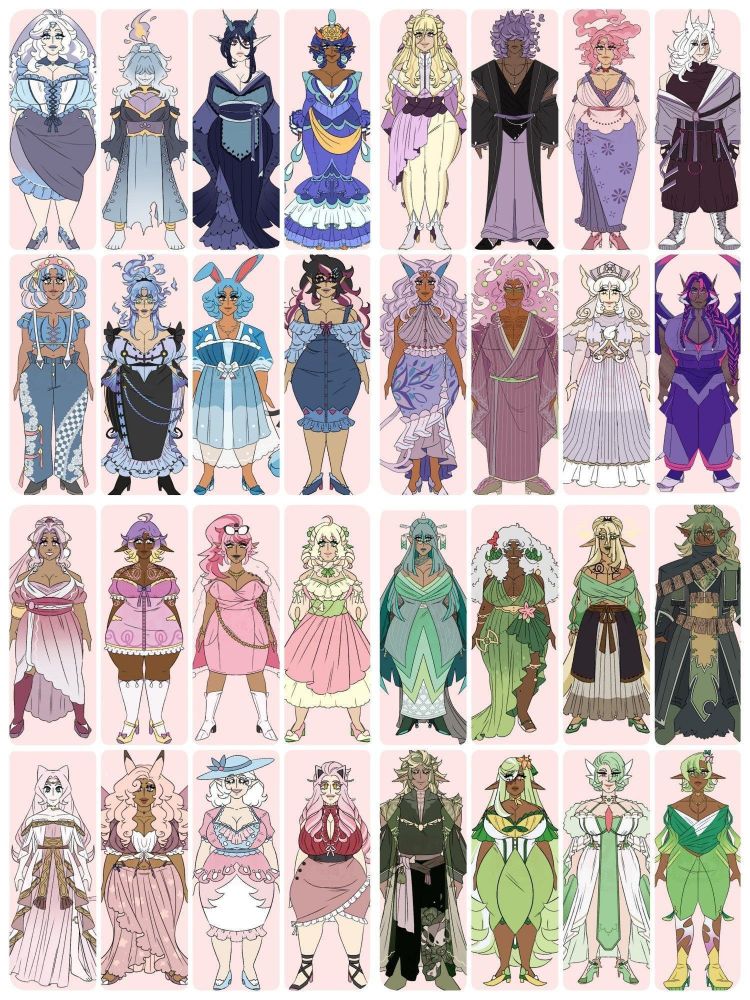 A variety of fashion, character and gijinka designs that TheAngorabunnie has made previously. It isn't all of her designs, but these have been grouped into categories of blue, purple, pink and green. You can commission your own design from her through the links provided in the post.