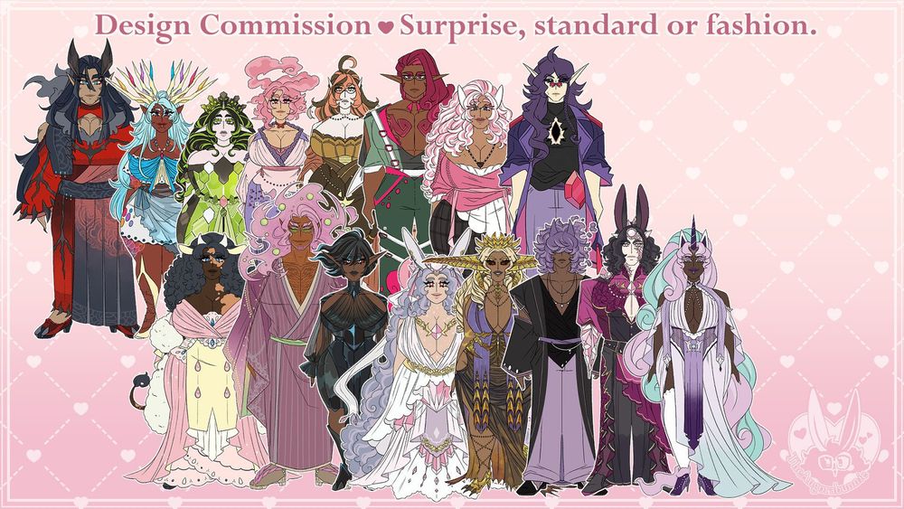 This image reads the text:

"Design commission. Surprise, standard or fashion."

Here are several masculine and feminine designs made by TheAngorabunnie on a two toned pink background with near white stitched in markings and hearts.

Design commissions go for 80 USD $