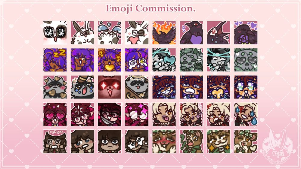 This image reads the text:

"Emoji commission."

Here are several emoji / emote designs made by TheAngorabunnie on a two toned pink background with near white stitched in markings and hearts.

Design commissions go for 45 USD $