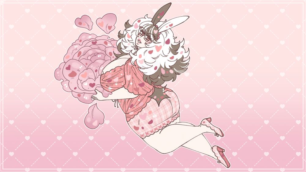 A drawing of TheAngorabunnie's mascot / sona Bunnie.

She is a faerie / fairy rabbit the size of a lemon, she actually has two forms but this is showing off her more humanoid one.

The humanoid rabbit is plump, curvy and very shapely. On this picture, she is floating in the air, holding a giant peony flower in her hands as she flies while looking back to the viewer.

The character is dressed in formfitting, pink clothes, while her hair is large and fluffy in the shades of white and brown. She even has a star shaped brown rabbits tail and two long rabbits ears sitting on top of her head; One is white and one is brown. The character is on a two toned pink background with near white stitched in markings and hearts.