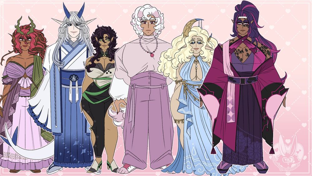 Here are a few masculine and feminine designs, characters and whatnot made by TheAngorabunnie on a two toned pink background with near white stitched in markings and hearts. All the characters have different builds, skin tones, outfits and more to stand out and be distinguished from one another.