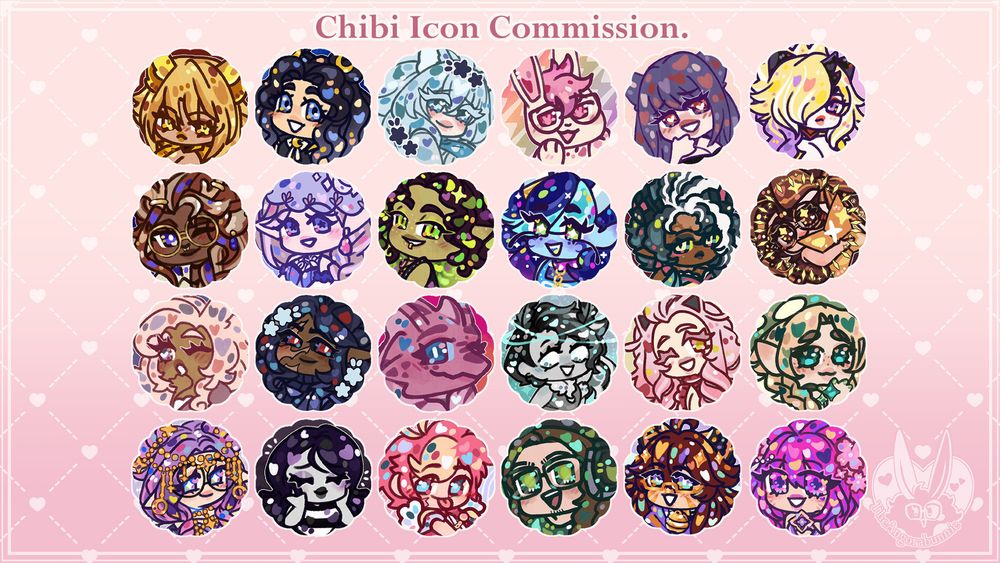 This image reads the text:

"Chibi Icon commission."

Here are several chibified avatars / icons / designs made by TheAngorabunnie on a two toned pink background with near white stitched in markings and hearts.

Chibi Icon commissions go for 30 USD $