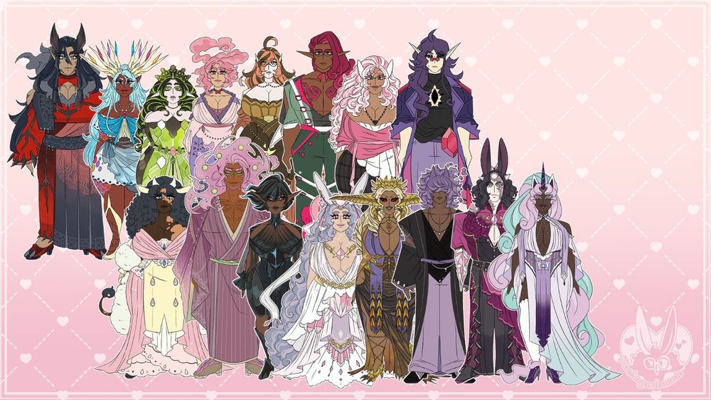 Here are several masculine and feminine designs, characters and whatnot made by TheAngorabunnie on a two toned pink background with near white stitched in markings and hearts. All the characters have different builds, skin tones, outfits and more to stand out and be distinguished from one another.