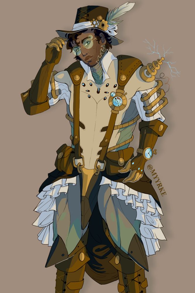 Illustration of Amir Beckett from Warframe 1999 wearing an outfit inspired to steampunk. 