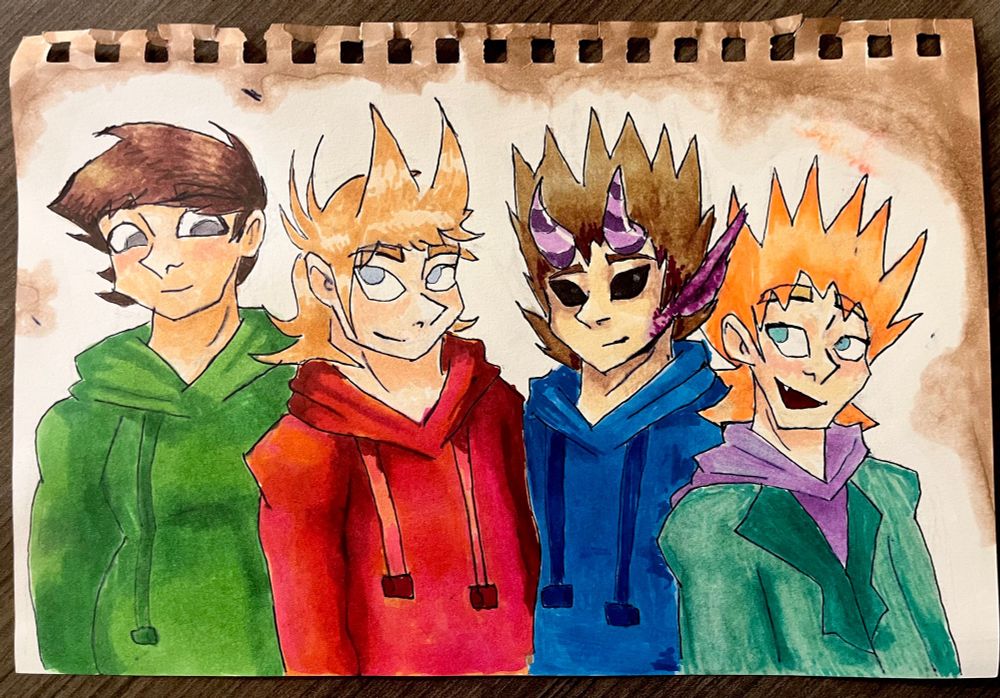 A drawing of Tom, Matt, Tord, and Edd, from the online series Eddsworld. Traditional art using copic markers.