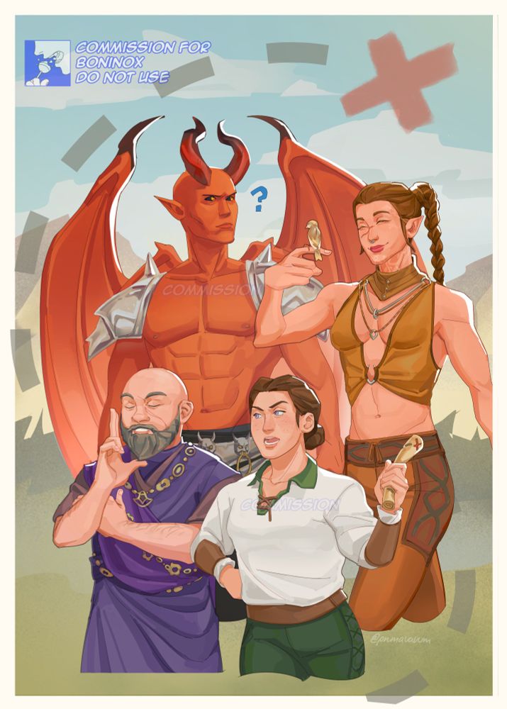 There are four characters shown. A male cambion in the back left, a half-elf named Flora in the back right, a halfing named Randy in the front left, and a dwarf named Gabi in the front right. The cambion looks very confused as to why he's there. Flora wears a tan two piece outfit, has a long brown braid, a scar across her cheek and nose, and tattoo markings up her neck. She looks extremely happy with a bird perched on her finger. Randy is bald, has a grayish brown beard, has a scar on his cheek, and wears a purple robe. He looks smug and thinks he knows what's best for the group. Gabi has dark brown hair pulled into a low bun, purple eyes, and freckles speckled across her nose and cheeks. She wears a white tunic with a green collar and green pants, and is holding a map. She looks like she knows what she's talking about and seems to be arguing with Randy. The background shows a path leading to an x, which mimics the map that Gabi is holding. 