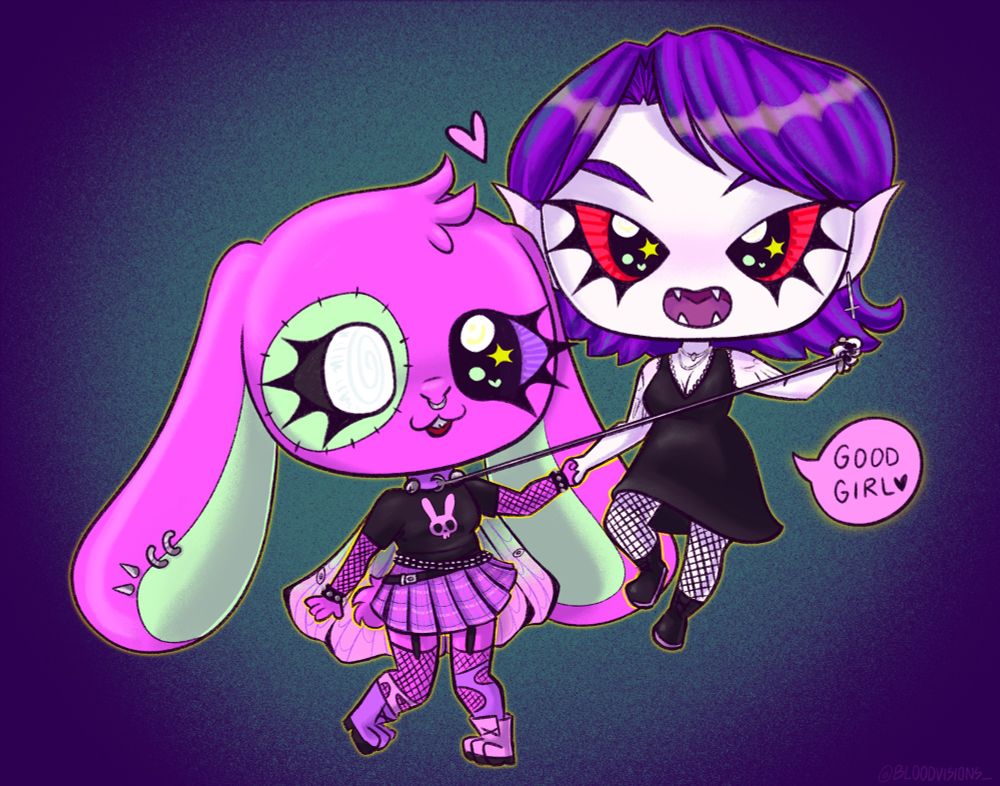 A portrait of chibi-style characters. One is a pink rabbit girl with punk clothing and a sewn patch doe her eye. The other is a busty vampire with purple hair wearing a black dress. The vampire is pulling on a leash that is attached to the rabbit. The vampire is saying “good girl”