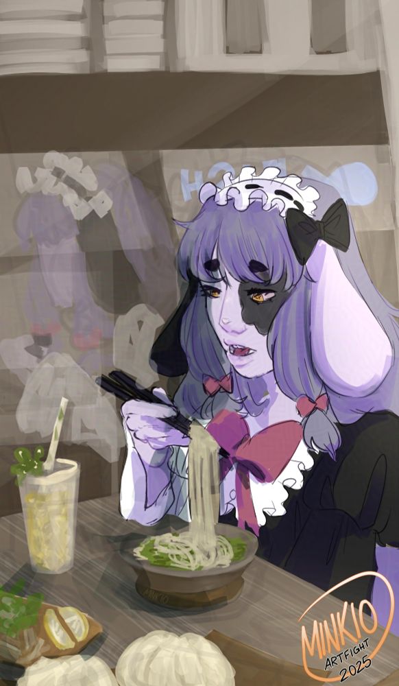 Artfight Attack 

The scene is set outside next to a large window, with the character sitting at a table in front of the window. They have a variety of treats laid out on the table and a large bowl of ramen sitting in front of them as they raise a bite to their mouth. 