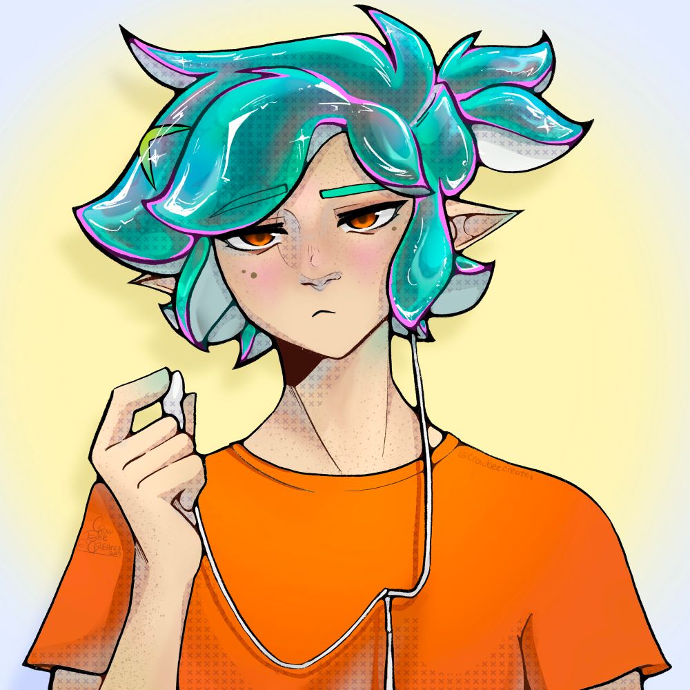 An illustration of WealdFury’s oc Rox, illustrated by Crow. He’s seen looking up at the viewer, clearly annoyed. They are taking out an earbud to presumably listen to something being said to them.