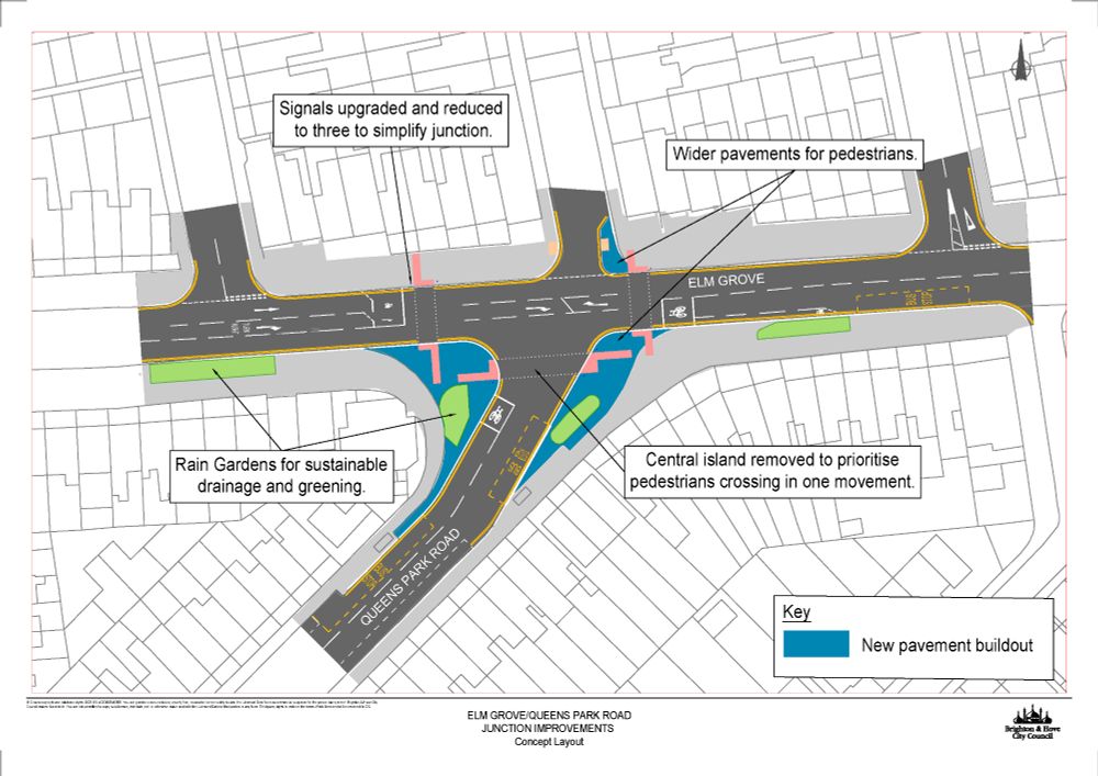 Planning map for improvements junction between Elm Grove and Queens Park Road in Hanover and Elm Grove ward, Brighton. 