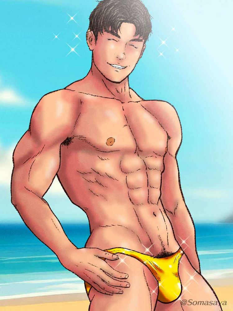 ゲイイラスト男性筋肉質金色ビキニパンツ姿の笑顔のお兄さん