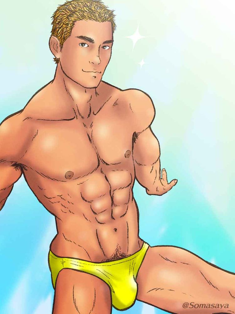 ゲイイラスト男性金髪短髪筋肉質イエローのビキニパンツ姿