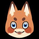 An orange and brown fox with wide blue eyes. It is shaped like the top half of an egg with big blushy cheeks.