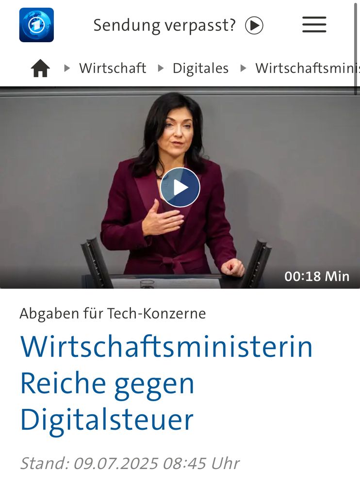 Screenshot von Tagesschau.de: Abgaben für Tech-Konzerne. Wirtschaftsministerin Reichw gegen Digitalsteuer.