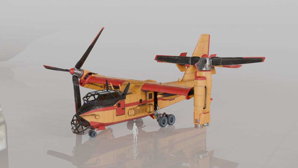 a realistic-ish 3d render of a plane. Sort of hybrid between a v22 and a canadair. It is yellow with red highlights.has two larg propellers instead of the long wings.