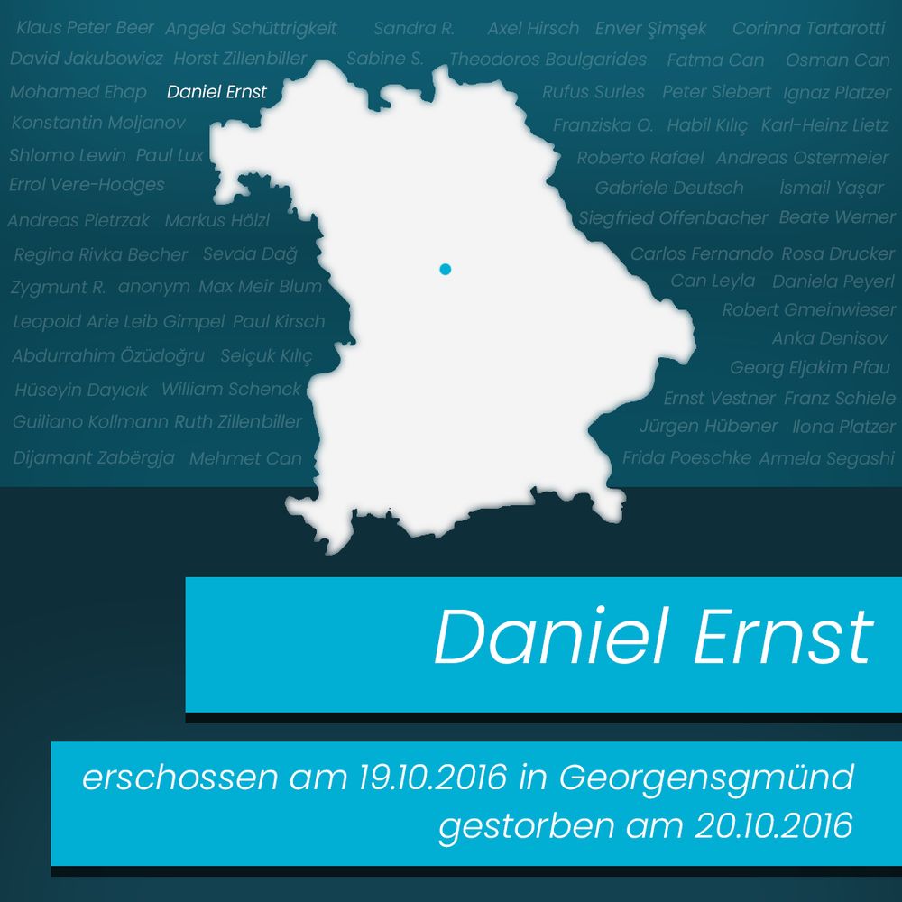 as Bild zeigt den Umriss einer Bayernkarte. Im Hintergrund sind viele Namen zu sehen, der Name Daniel Ernst ist in weißer Schrift hervorgehoben. Auf der Karte ist dort wo die Georgensgmünd liegt ein blauer Punkt markiert. Im Vordergrund steht in großer Schrift Daniel Ernst, erschossen am 19.10.2016 in Georgensgmünd; gestorben am 20.10.2016".