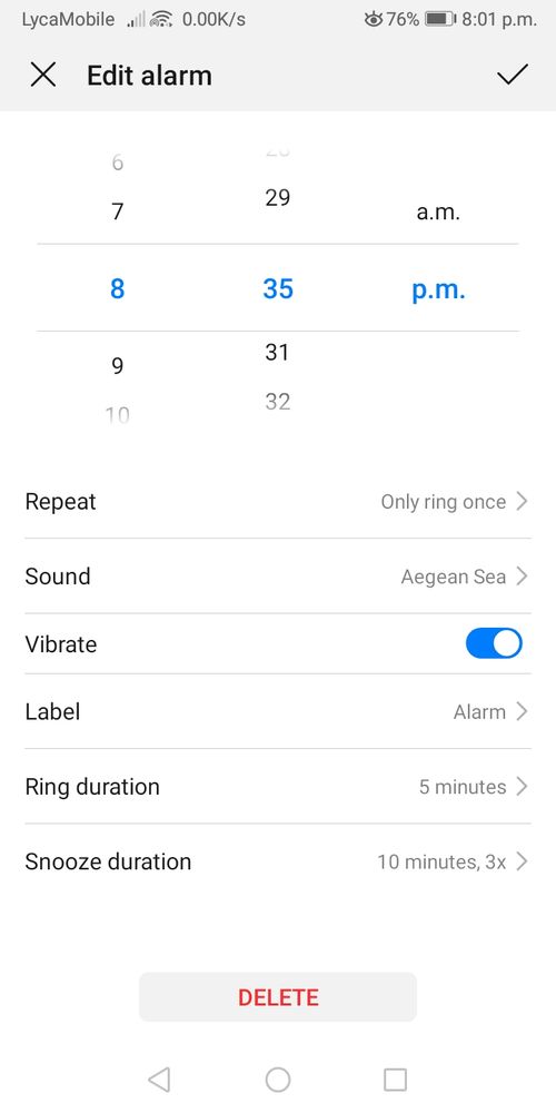 Stock Android alarm app showing 35 appearing between 29 and 31 for the minute.