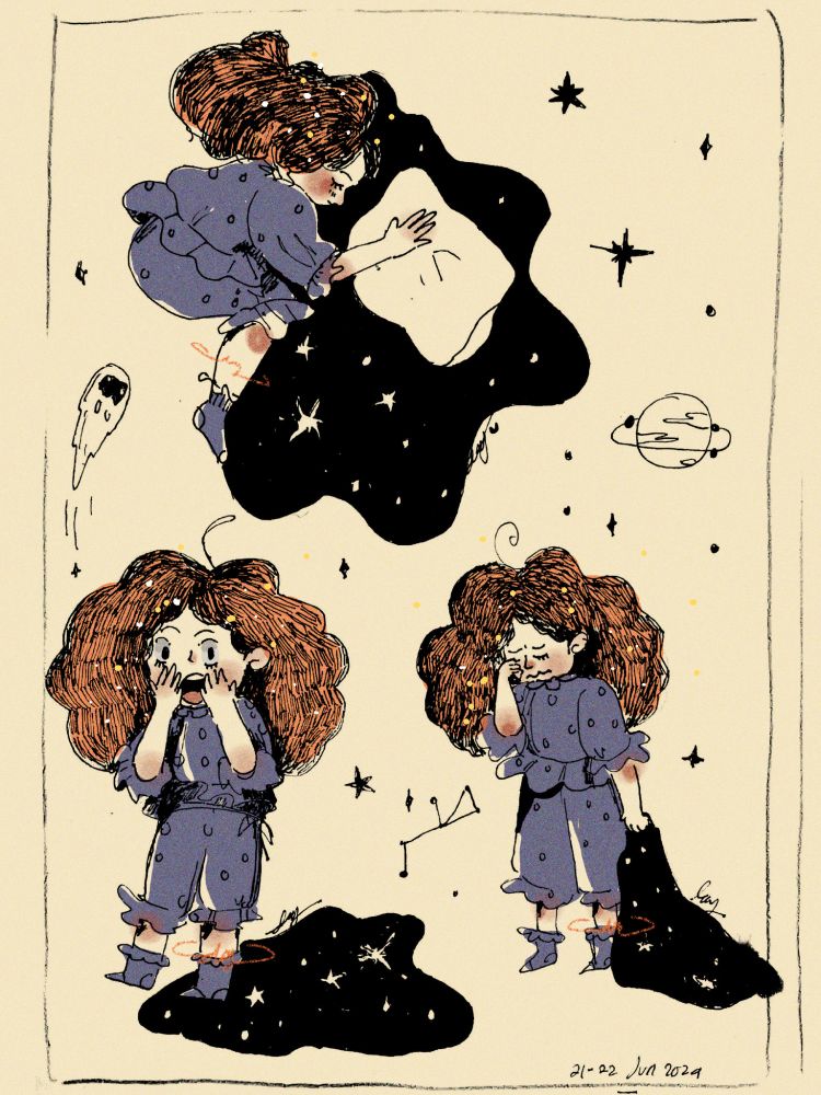 Ilustrasi berisi tiga karakter gadis kecil yang sama. Berambut afro warna oranye dengan selimut hitam pekat bertabur bintang.