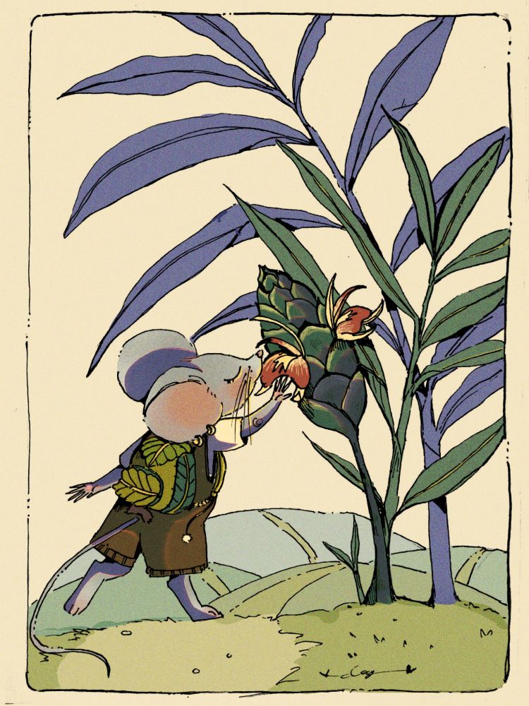 Sebuah ilustrasi whimsical, seekor tikus yang berdiri dengan dua kaki sedang membaui bunga jahe.