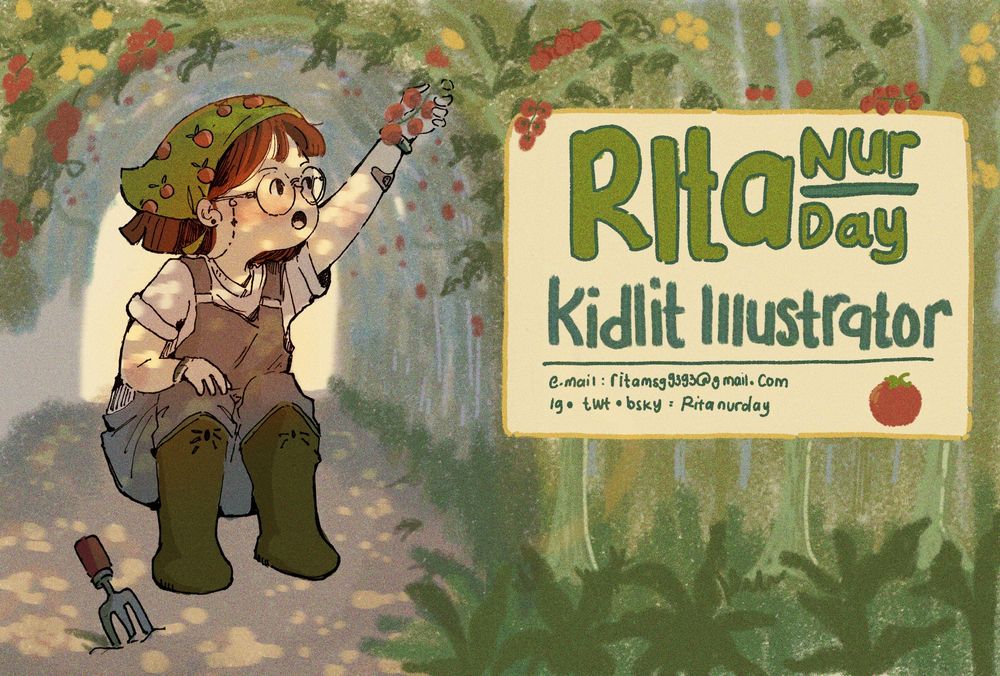 Sebuak kidlit postcard begambar: seorang gadis sedang berjongkok di dalam rumpun tomat ceri. Ia sedang memeriksa salah satuntomat yang sudah merah. Gadis itu mengenakan celana kodok dan oenutup kepala yang diikay di tengkuk. Oenutup kepala itu berwarna hijau dan memiliki motif tomat. Gambar ininmemiliki teks yang bertuliskan: "Rita Nurday. Kidlit Illustrator. Email: ritamsg9393@gmail.com. ig, twt, bsky: @ritanurday