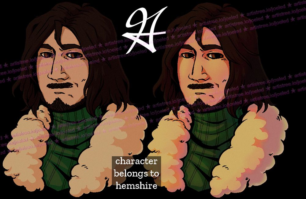 illustrated headshot of a bubberstation SS13 character that is a handsome man with a moustache and a green turtleneck.  the character belongs to hemshire