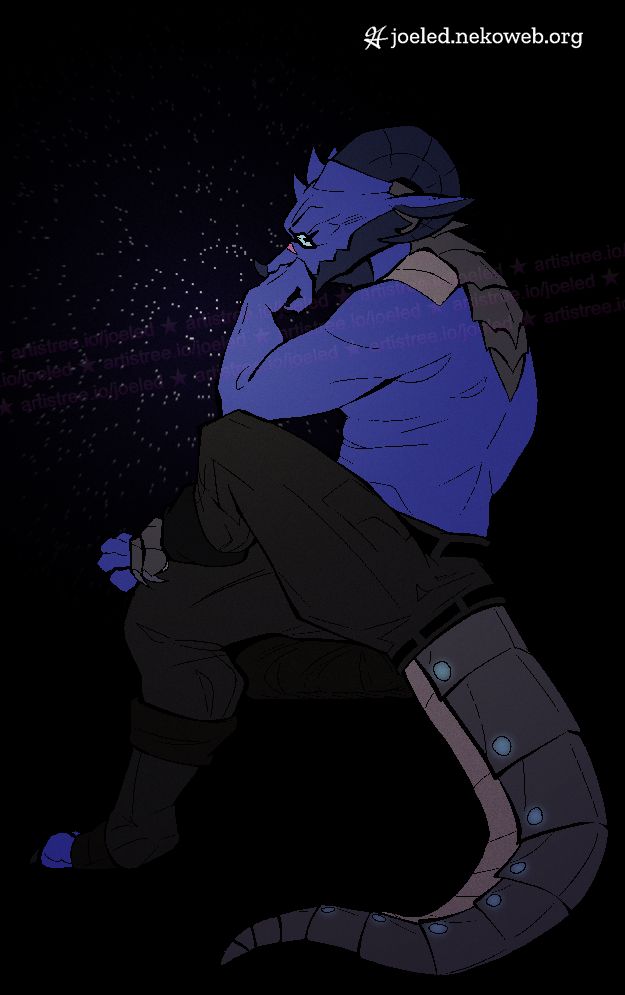 illustration of a contemplative blue anthro reptile/dragonborn with his hand to his chin.  he has multiple futuristic prosthetics and the background is starry