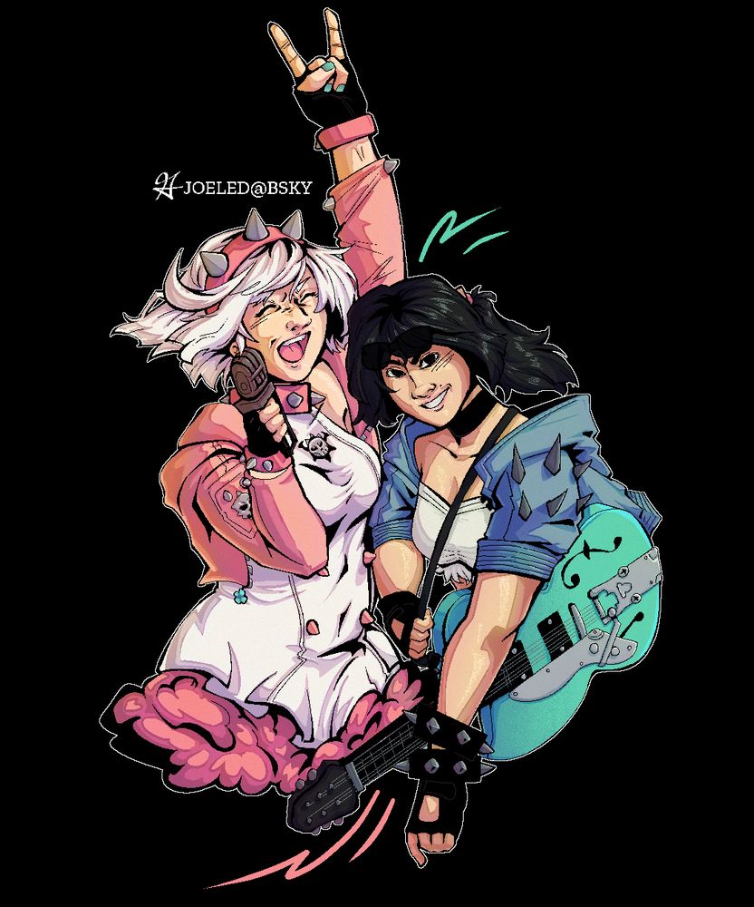 illustration of elphelt valentine and megumi from guilty gear strive performing music together