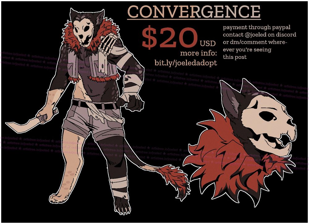 illustration of an anthro marsupial lion with a skull face and multiple limbs replaced with that of a placental lion.  as well, it is wearing a vest adorned with the mane and fur of a placental lion.