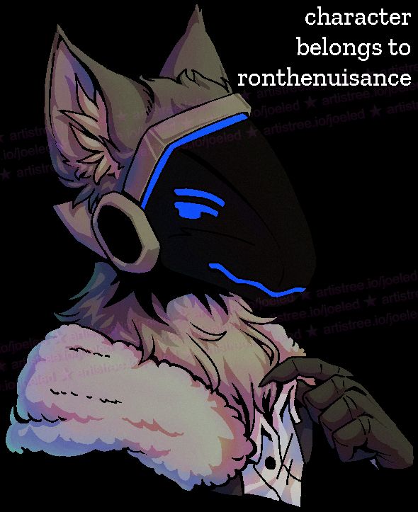 an illustration of the head of a grey-furred protogen with blue facial features on his dark visor
