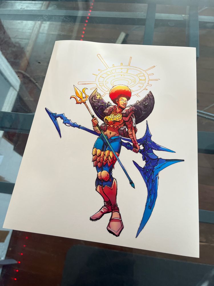 Kaeli the warrior goddess with 5 artifacts 
Sudarshana Chakra as halo
Smoking Mirror as origami wings 
Philosopher's Stone we body armor 
Trishula and Sickle of Saturn as weapons 