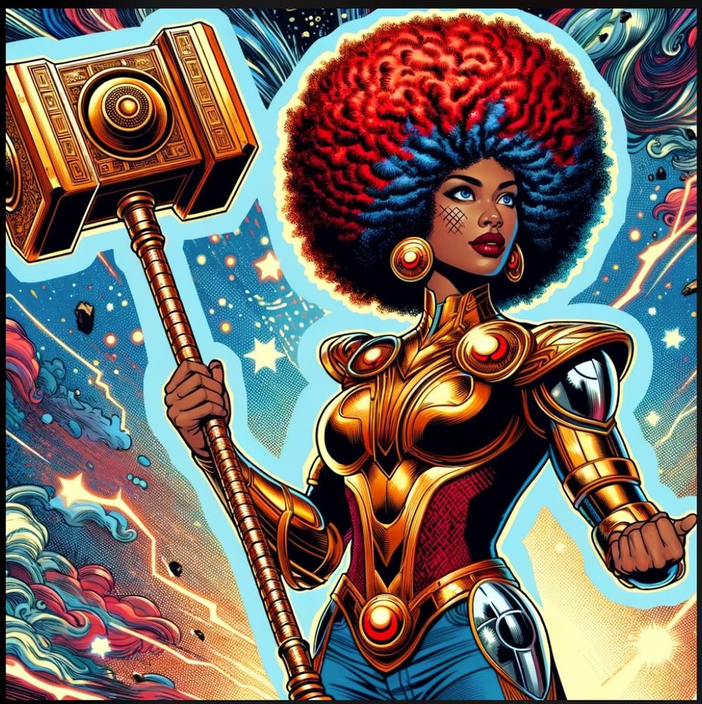 Warrior goddess, giant red afro, in golden armor and huge golden mallet with long handle, in loud comic book poster style