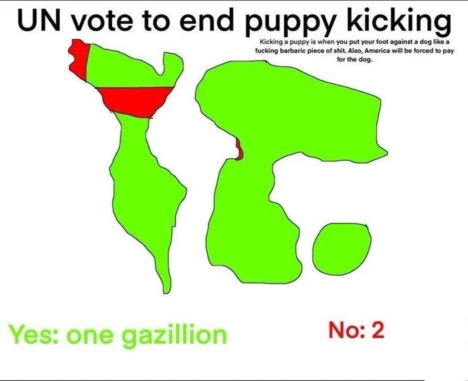 Mapa mundi abstrato com a pergunta:

A ONU deveria proibir chutes em filhotes?

Estados Unidos e Israel: não
Resto do mundo: sim