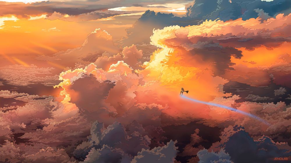 From an aerial view above the clouds, a person is exploring the sky, seemingly flying with the help of jet boots. Their silhouette is very small compared to the vastness of the sky. The sky is filled with clouds of all colors, creating the ambiance of the end of the day.