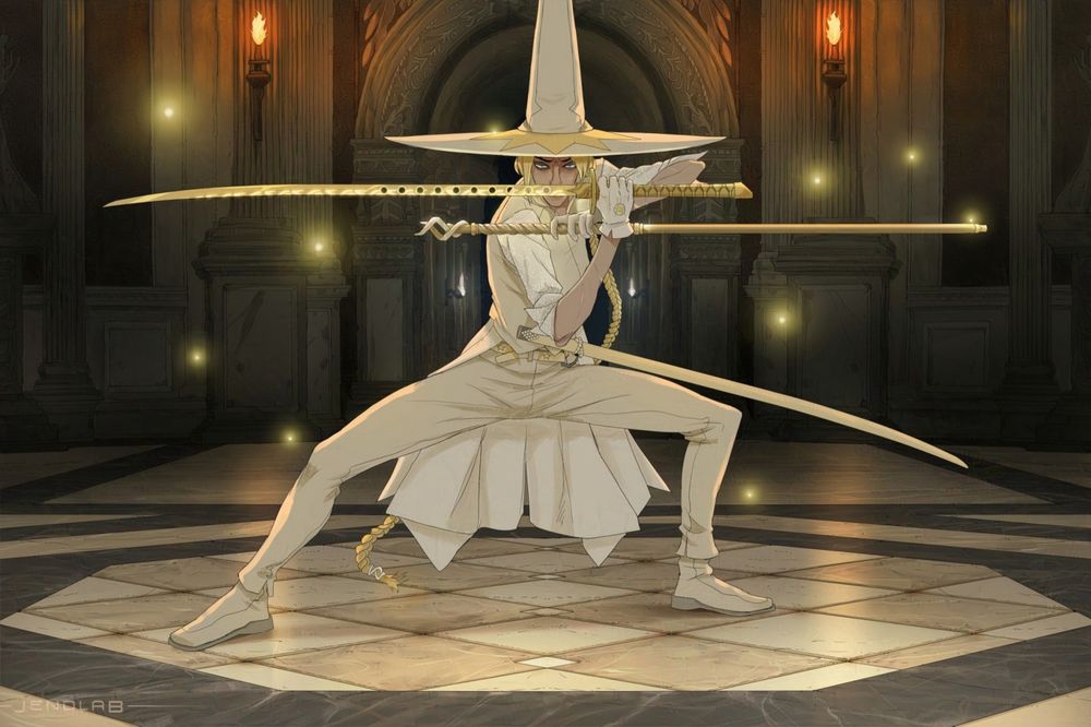 A witch dressed in white clothing strikes a pose with her katana and magic staff, surrounded by fireflies in a room with gothic background.