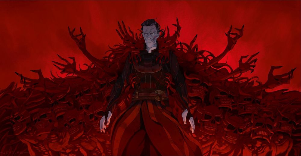 The version of Doctor Strange from the Marvel Cinematic Universe movie Doctor Strange 2. It features Doctor Strange in zombie form, wearing a cloak made of demonic skeletons. The illustration is dominated by red tones.