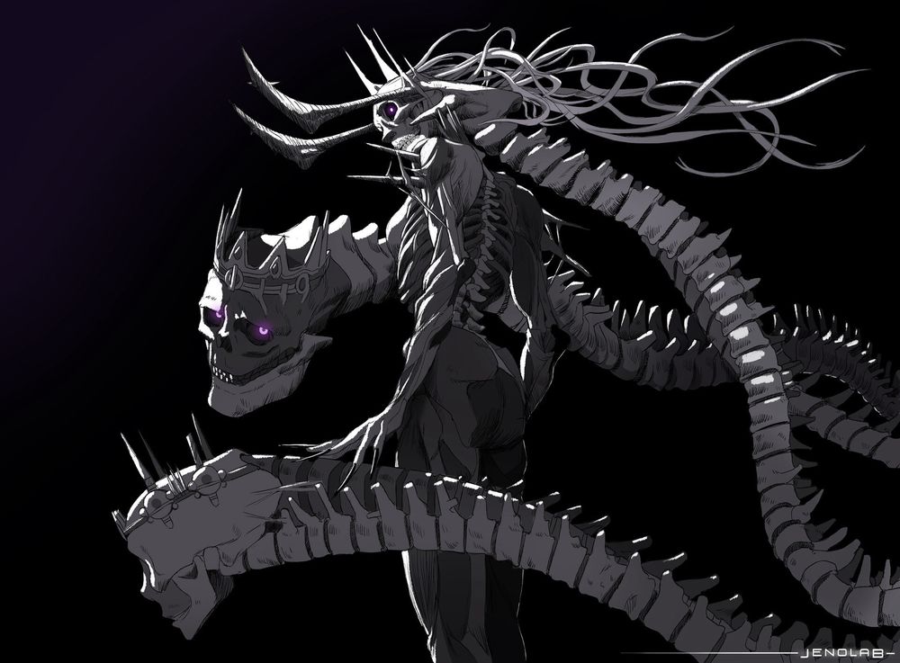 A skeletal creature with flayed skin and thin, floating hair. It has large horns curving forward. From its body extend two additional spines, each ending with a skeletal head—one representing a king and the other a queen, who are its parents. The central figure is a princess who reunited with her parents using powerful dark magic.
