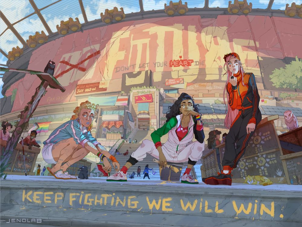 This is a representation of the Solarpunk movement. In front of a massive, ancient stadium cracked by time, a community has reclaimed the space, living in harmony while asserting their pride. In the foreground, we see three women in tracksuits striking a badass pose, each representing a different social struggle: the fight for transgender rights, the support for Palestinians, and the anarchist and antifascist movement. The one in the middle is sitting on a yellow paint bucket, holding a brush, which was used to write on a nearby step in the foreground: 'Keep fighting, we will win!'