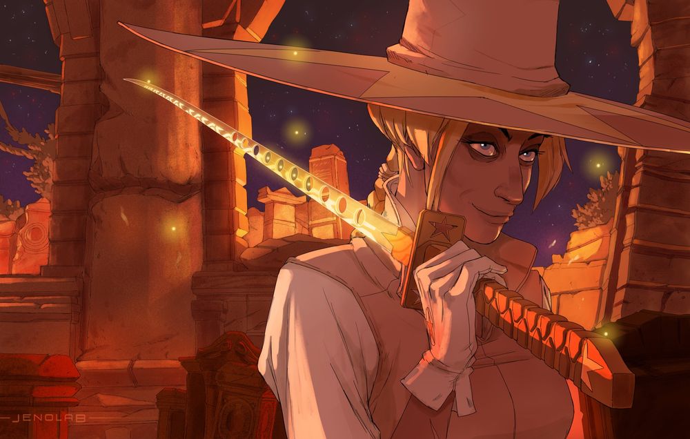 A portrait of a blonde witch wearing a pointed hat and a cream-colored suit. She holds a long katana resting on her shoulder, its blade gleaming golden with fireflies hovering around it. She has a sarcastic, amused, and provocative expression.