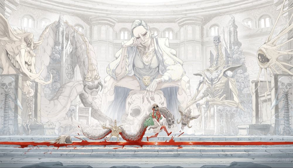 A scene set in Hell, where massive creatures watch their children play in a pool of blood. Satan, seated in the middle of the room, observes the scene with tenderness. The color scheme is white with various shades of white.