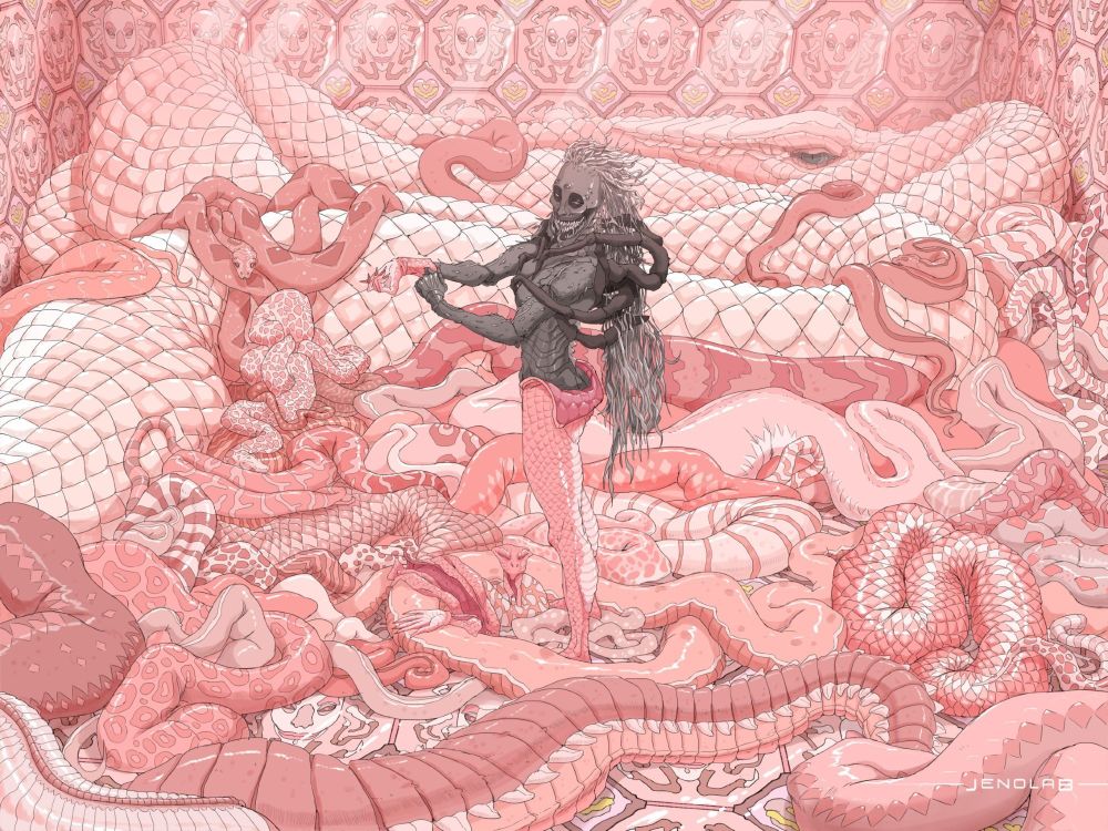 A horrifying scene: a skeletal creature with spider-like features molts in what appears to be a tiled room filled with snakes of all sizes. The color scheme is pink-toned.
